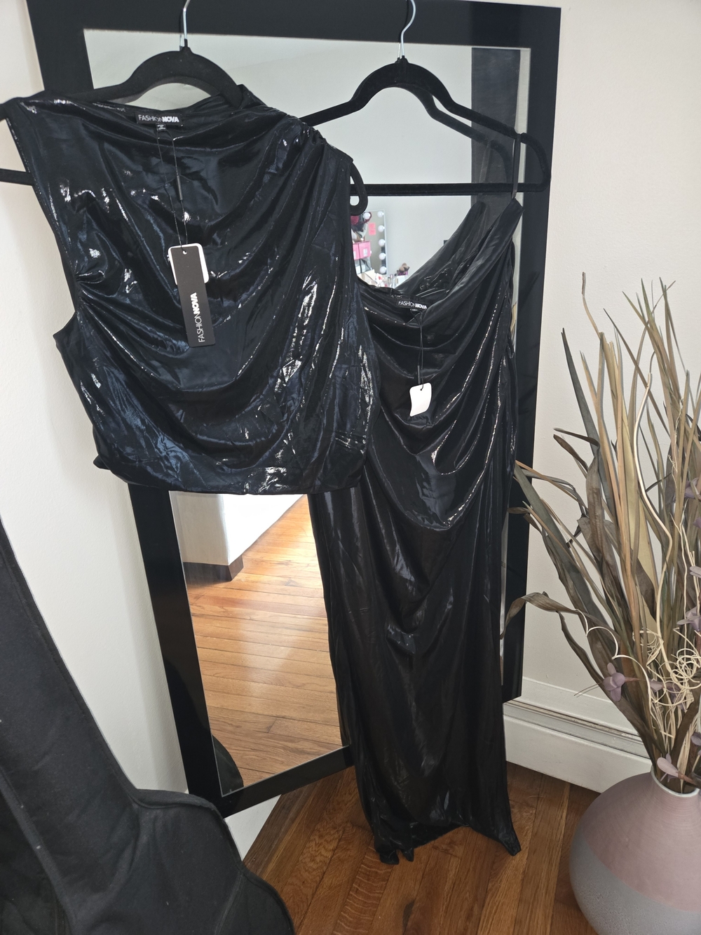 NWT Fashion Nova Black Wet Look Draped 2 Piece Set XL
